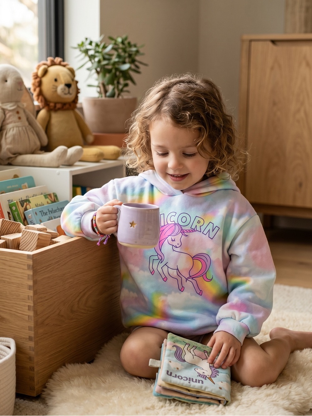 H&M Kids Rainbow Pastel Unicorn Hoodie - White with Pastel Pink, Purple, Blue